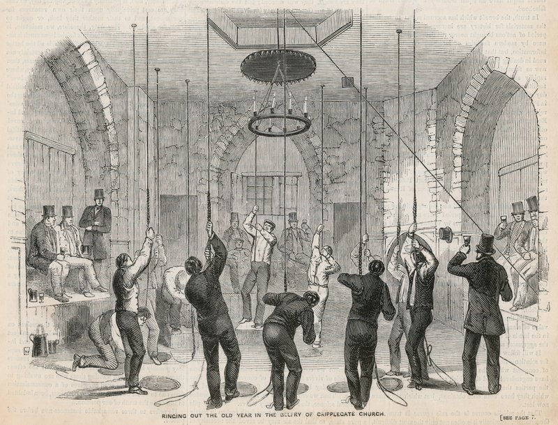 Het oude jaar uitluiden in de klokkentoren van de Cripplegate Kerk door English School