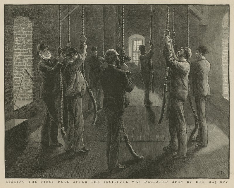 Het luiden van de eerste klok na de opening van het Imperial Institute door Hare Majesteit door English School