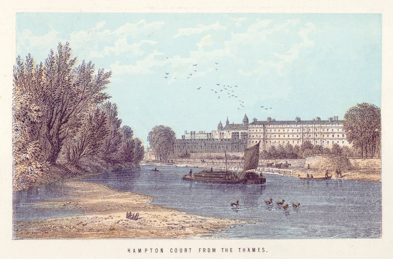 Rivier de Theems: Hampton Court vanaf de Theems (gekleurde gravure) door English School
