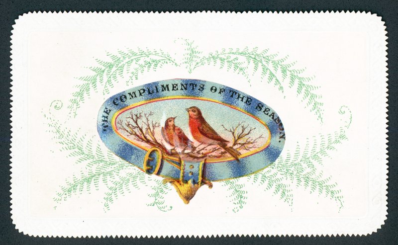 Roodborstjes in ovaal met varen, kerstkaart door English School