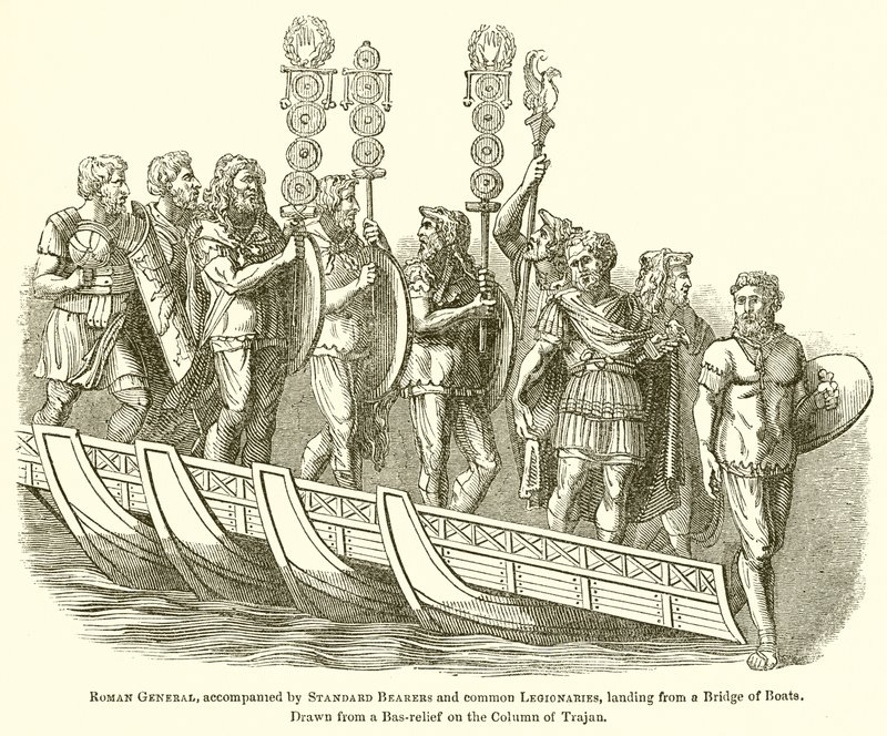 Romeinse generaal, vergezeld door standaarddragers en gewone legionairs, landend vanaf een brug van boten door English School