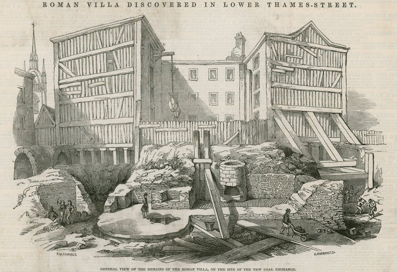 Romeinse villa ontdekt in Lower Thames Street, Londen: Algemeen overzicht van de overblijfselen van de Romeinse villa op de locatie van de nieuwe Coal Exchange door English School