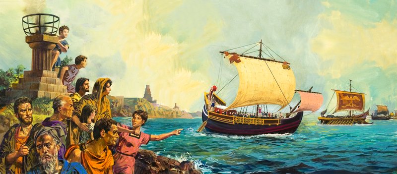 Romeinse soldaten verlaten Groot-Brittannië aan boord van een schip door English School