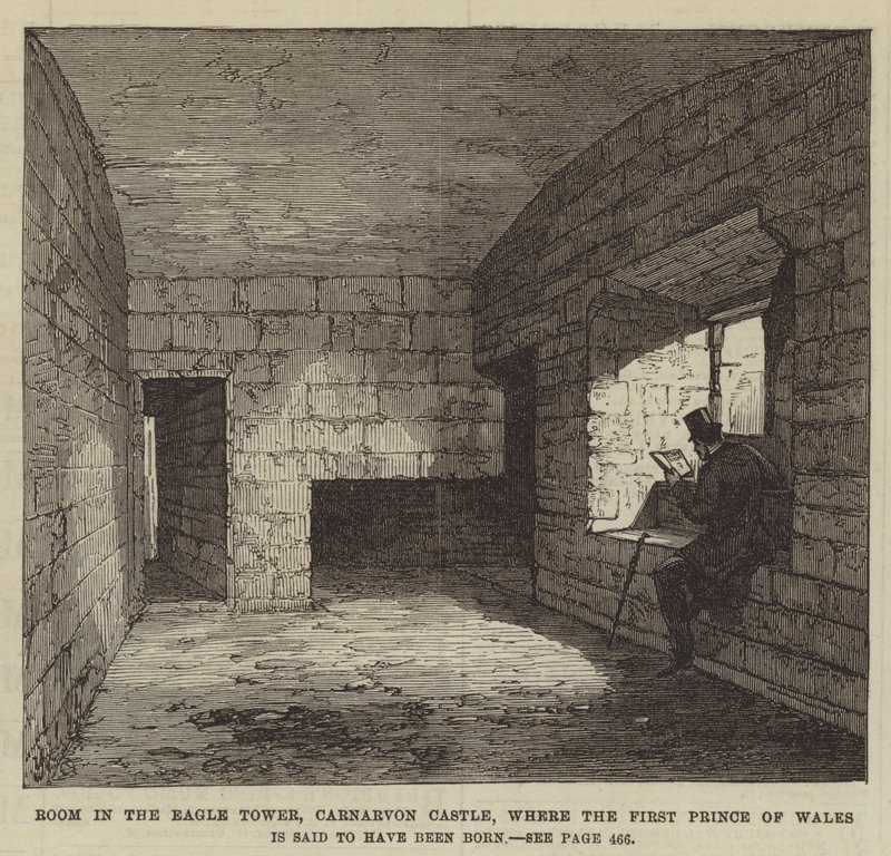Kamer in de Adelaars Toren, Carnarvon Kasteel, waar de Eerste Prins van Wales zou zijn geboren (gravure) door English School