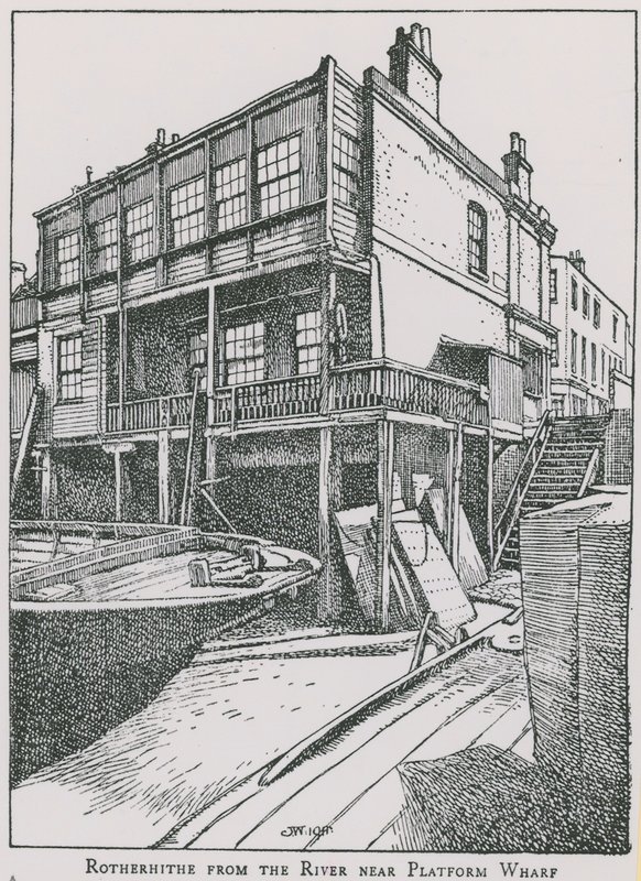 Rotherhithe vanaf de rivier de Theems bij Platform Wharf; The Angel door English School
