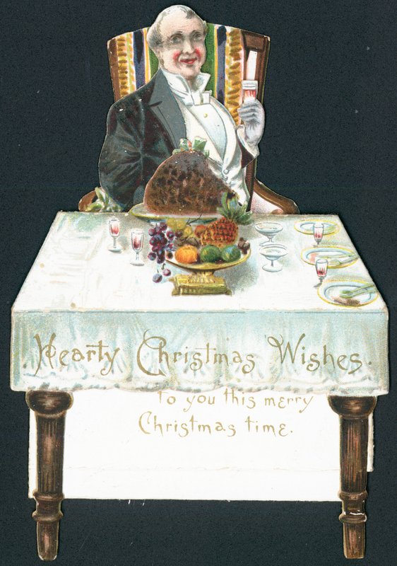 Dikke man aan tafel, kerstkaart door English School