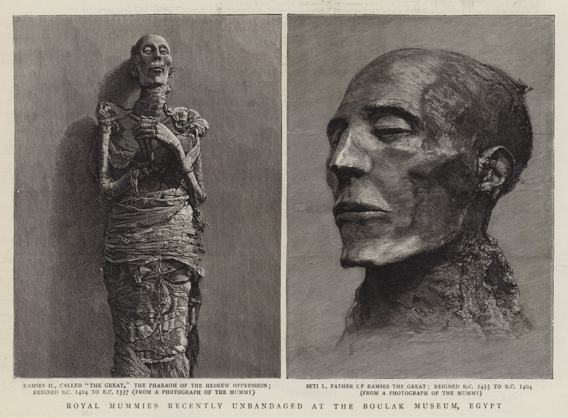 Koninklijke mummies onlangs ontbonden in het Boulak Museum, Egypte door English School