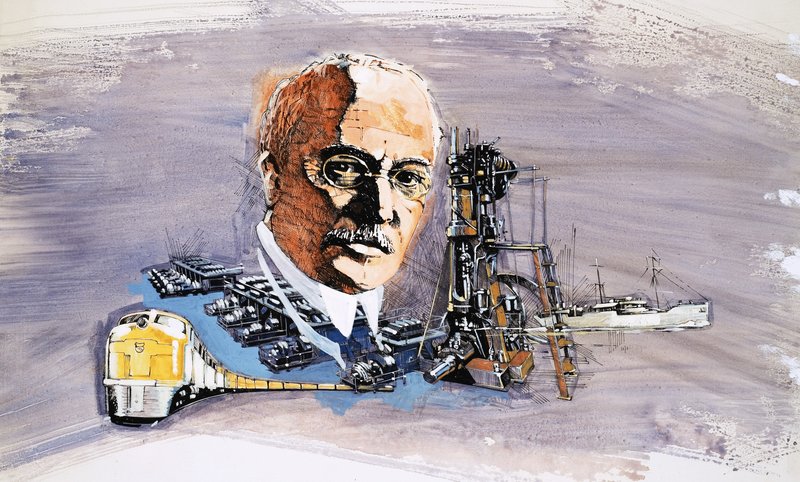 Rudolf Diesel tegen de achtergrond van treinen, boten en dokken door English School