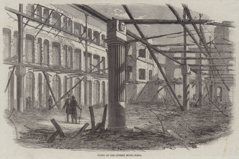 Ruïnes van de Surrey Music Hall (gravure) door English School