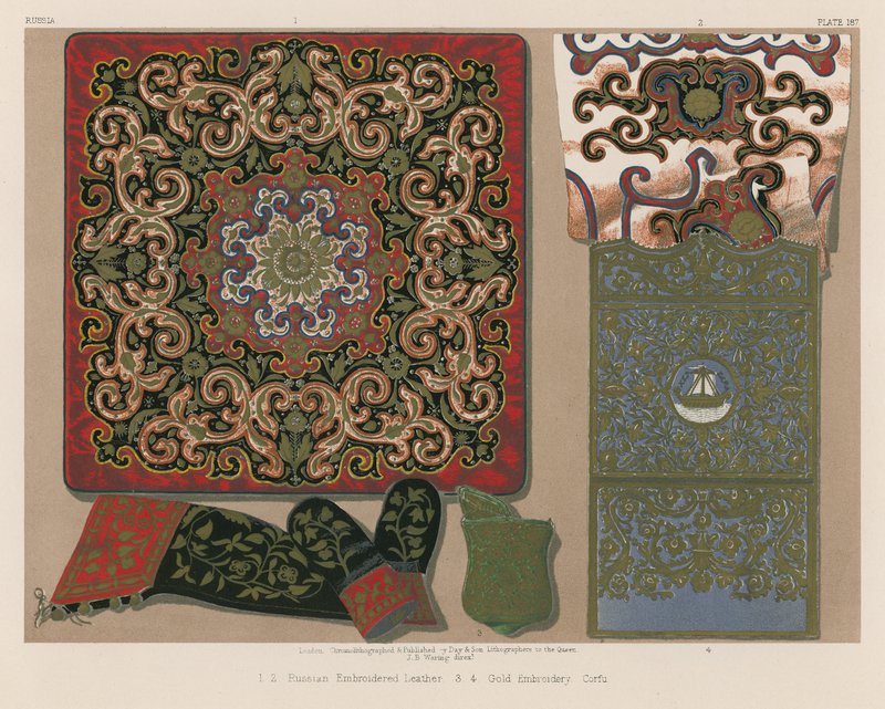 Russisch geborduurd leer, goudborduurwerk, Corfu (chromolitho) door English School