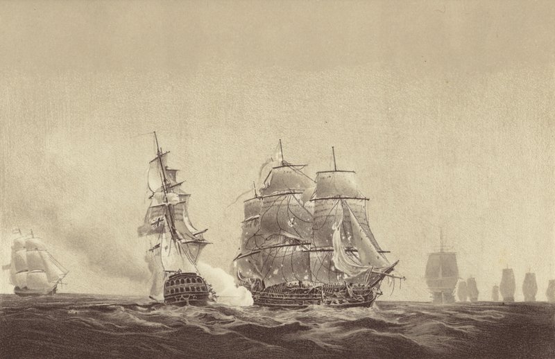 Russisch schip Vsevolod strijkt haar kleuren voor HMS Implacable, verbonden aan de Zweedse marine en onder bevel van kapitein Thomas Byam Martin, in de Oostzee, 26 augustus 1808 door English School