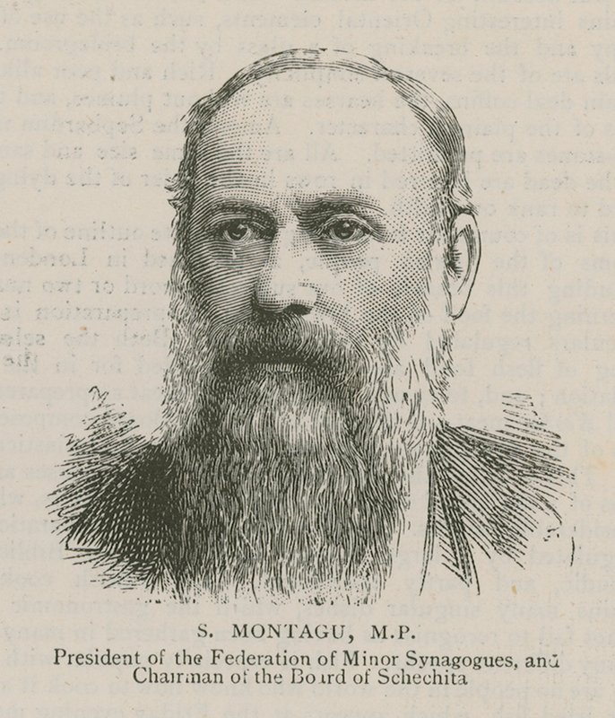 S Montagu, MP, Voorzitter van de Federatie van Kleine Synagogen en Voorzitter van de Raad van Schechita door English School