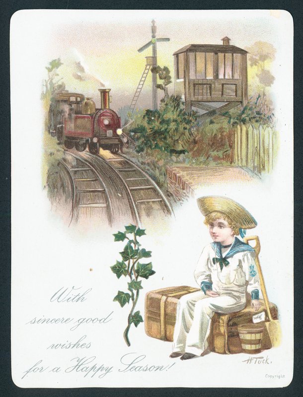 Matrozenjongen wacht op trein, Kerstkaart door English School