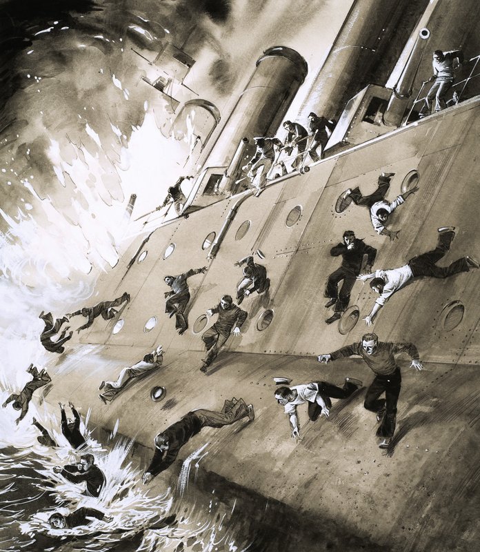 Matrozen ontsnappen van HMS Natal die in brand vloog in Cromerty Firth in 1915 door English School
