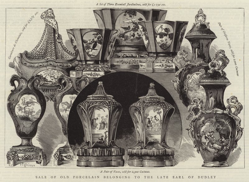 Verkoop van oud porselein behorend tot de wijlen graaf van Dudley (gravure) door English School