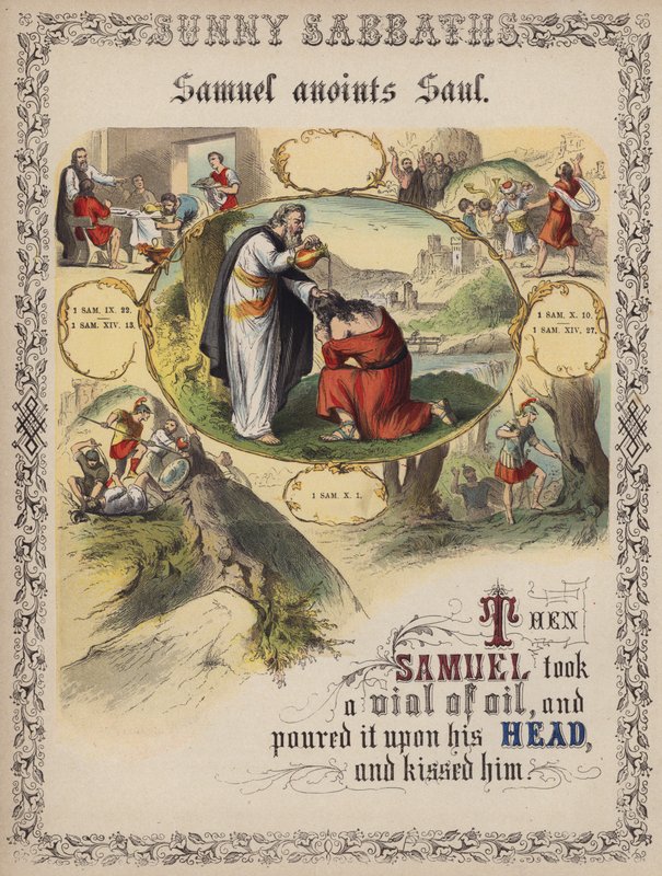 Samuel zalft Saul (gekleurde gravure) door English School