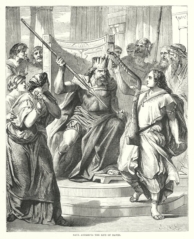 Saul probeert David te doden (gravure) door English School
