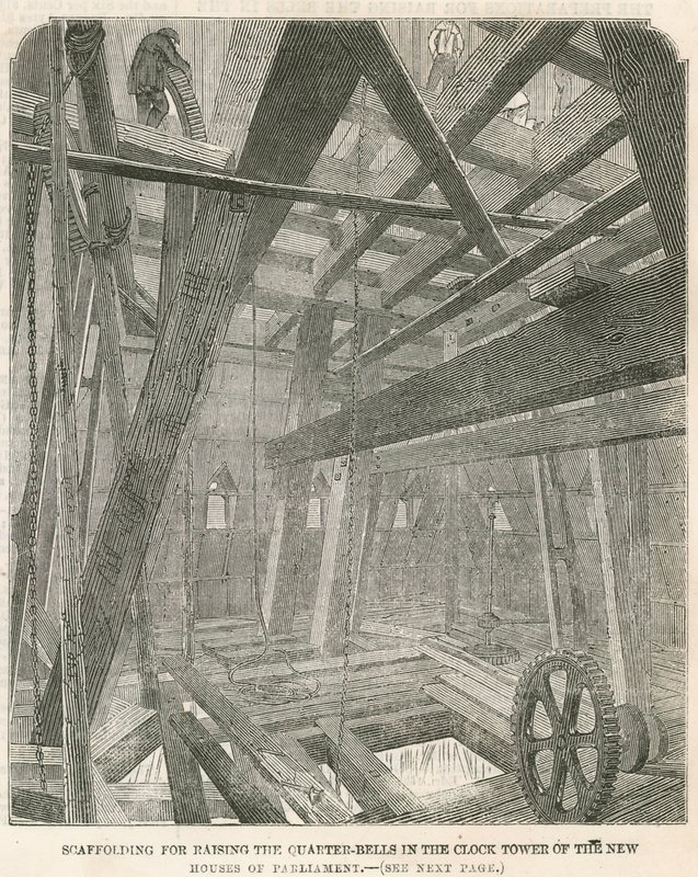 Steigers voor het ophijsen van de kwartklokken in de klokkentoren van de nieuwe Houses of Parliament door English School