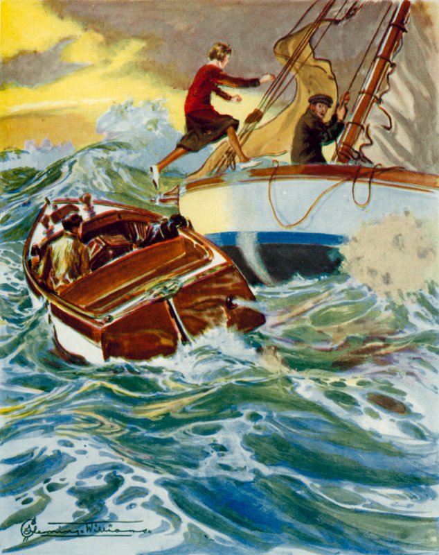 Scène uit Four Valves and Sheila: een vrouw springt van een motorboot naar een jacht in ruwe zee (kleurenlitho) door English School