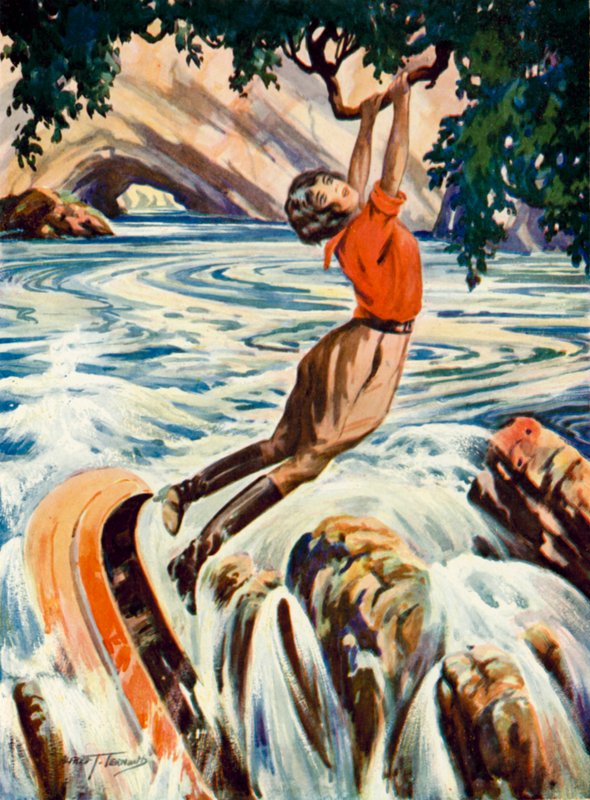 Scène uit The Tenderfoot: een vrouw vermijdt met haar kano een waterval door zich vast te grijpen aan de overhangende tak van een boom (kleurenlitho) door English School