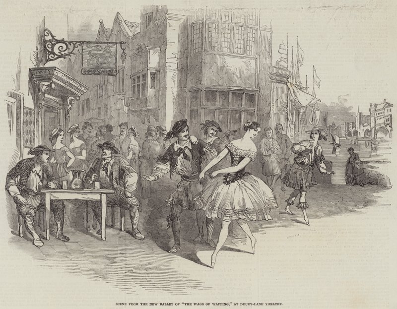 Scène uit het Nieuwe Ballet van "The Wags of Wapping," in Drury-Lane Theatre (gravure) door English School