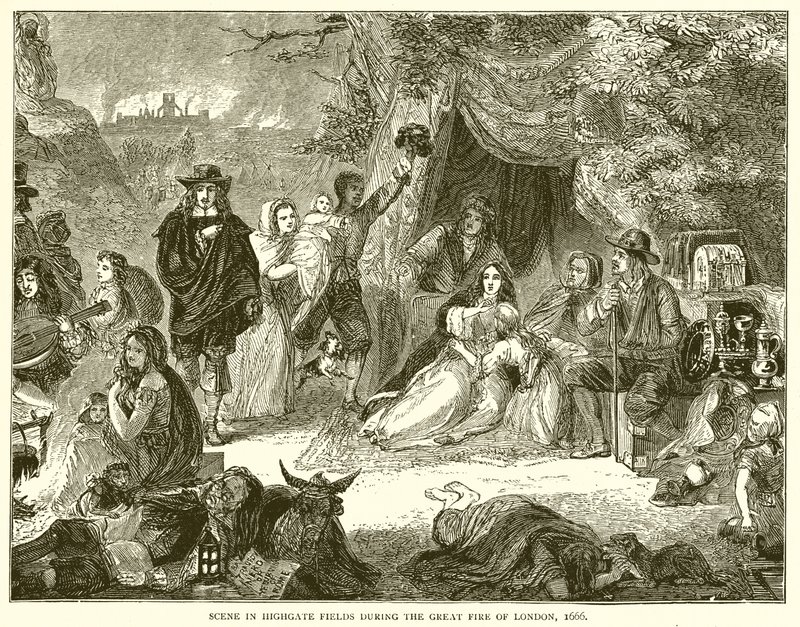 Scène in Highgate Fields tijdens de Grote Brand van Londen, 1666 door English School