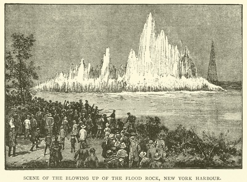 Scène van de opblazing van de Flood Rock, New York Harbour (gravure) door English School
