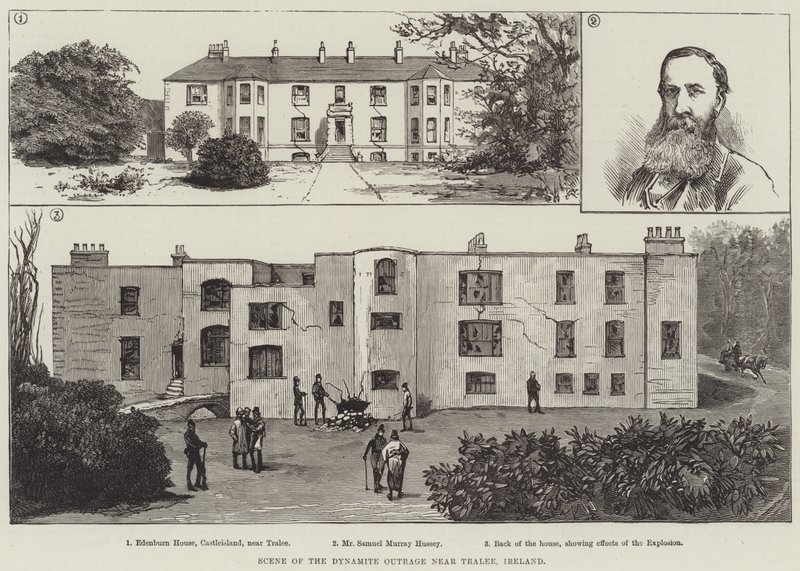Scène van de Dynamietaanval nabij Tralee, Ierland (gravure) door English School