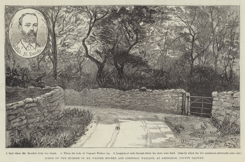 Scène van de moord op Mr. Walter Bourke en Korporaal Wallace, in Ardrahan, County Galway door English School