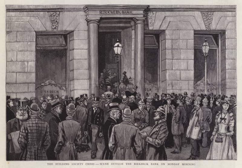 Scène buiten de Birkbeck Bank, Londen, tijdens de bouwvereniging crisis van 1892 door English School