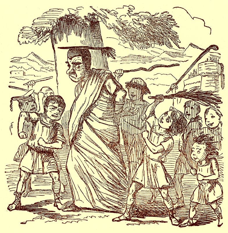 Schooljongens slaan de schoolmeester, illustratie uit De Komische Geschiedenis van Rome door Gilbert Abbott a Beckett, gepubliceerd ca. 1850 door English School