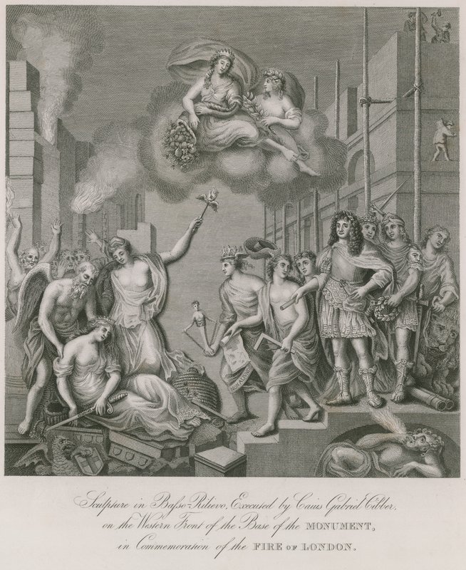 Beeldhouwwerk in basso relievo op de westelijke voorzijde van de voet van het Monument (gravure) door English School