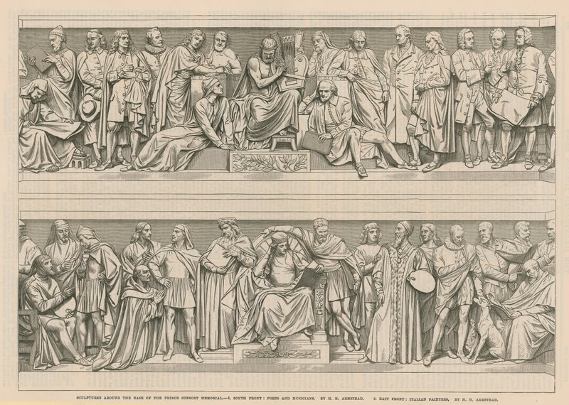 Beelden rond de basis van het Prince Consort Memorial (gravure) door English School