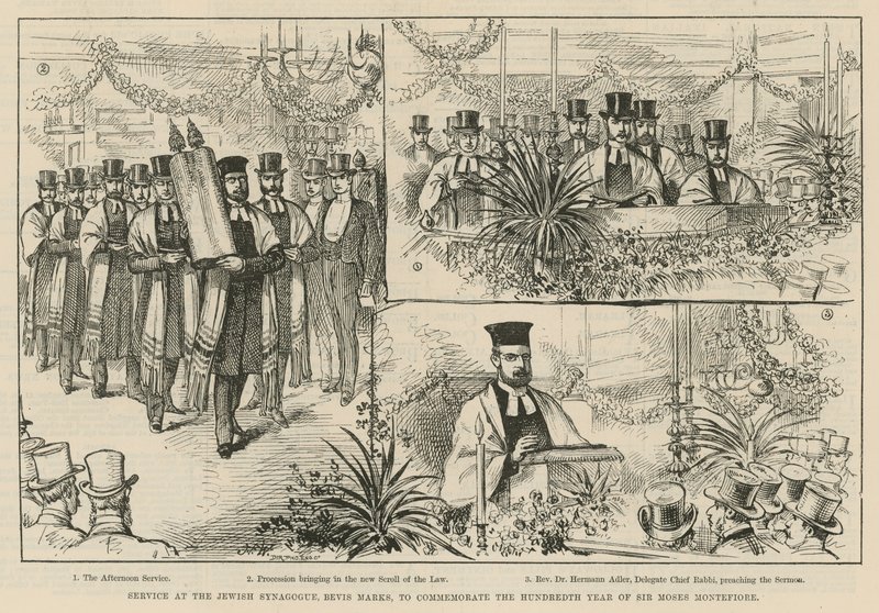 Dienst in de Joodse Synagoge, Bevis Marks, ter herdenking van het honderdste jaar van Sir Moses Montefiore door English School