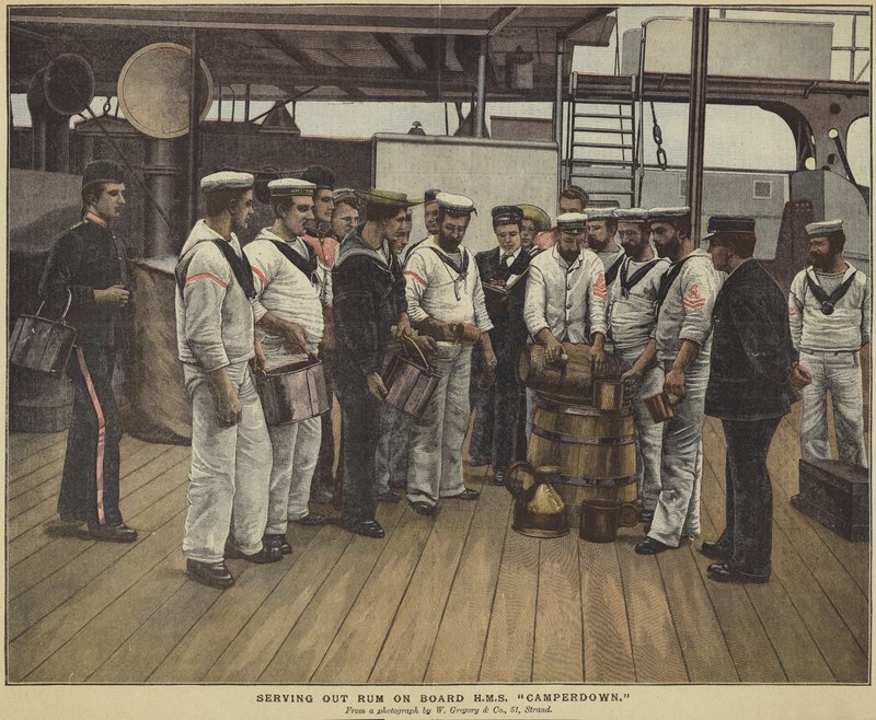 Rum uitdelen aan boord van HMS Camperdown door English School
