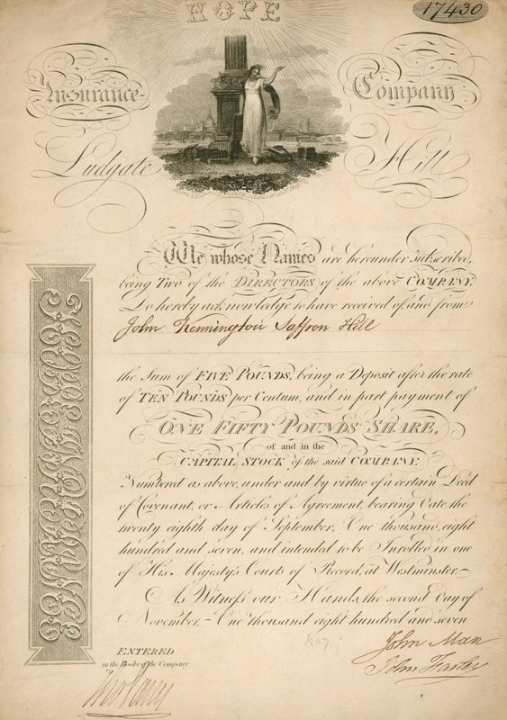Aandeel voor de Hope Insurance Company, Ludgate Hill, Londen door English School