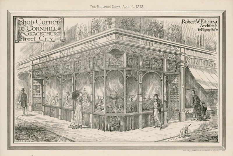 Winkelhoek van Cornhill en Gracechurch Street, City, Londen door English School