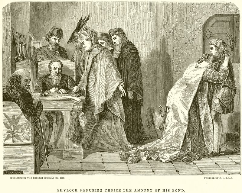 Shylock weigert driemaal het bedrag van zijn obligatie door English School
