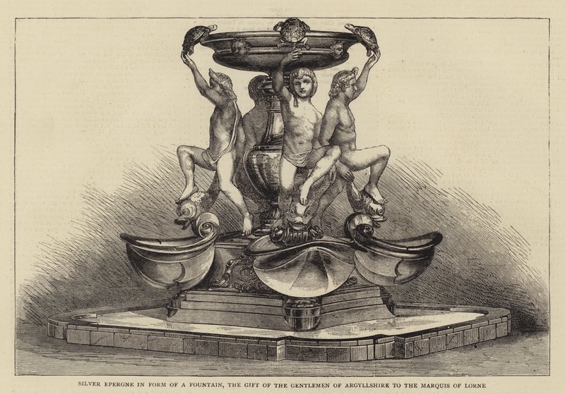 Zilveren epergne in de vorm van een fontein, het geschenk van de heren van Argyllshire aan de markies van Lorne (gravure) door English School
