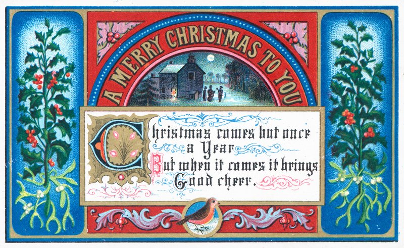 Zingen van kerstliederen onder maanlicht, kerstkaart door English School