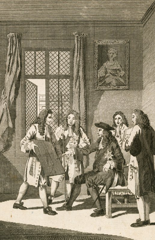 Sir Christopher Wren presenteert zijn plan voor de wederopbouw van Londen aan koning Karel II door English School