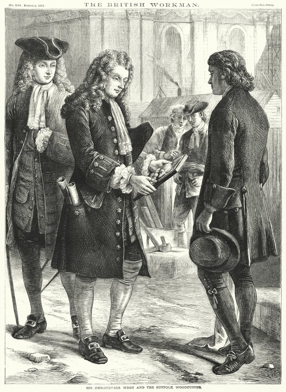 Sir Christopher Wren en de Suffolk Houthakker (gravure) door English School