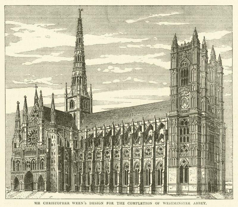 Ontwerp van Sir Christopher Wren voor de voltooiing van Westminster Abbey door English School