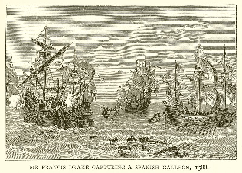 Sir Francis Drake neemt een Spaanse galei in beslag, 1588 door English School