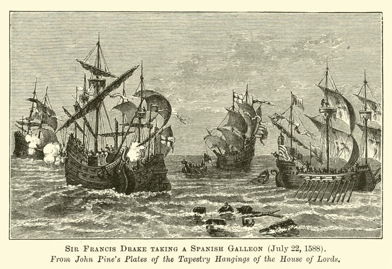 Sir Francis Drake neemt een Spaanse Galjoen, 22 juli 1588 door English School