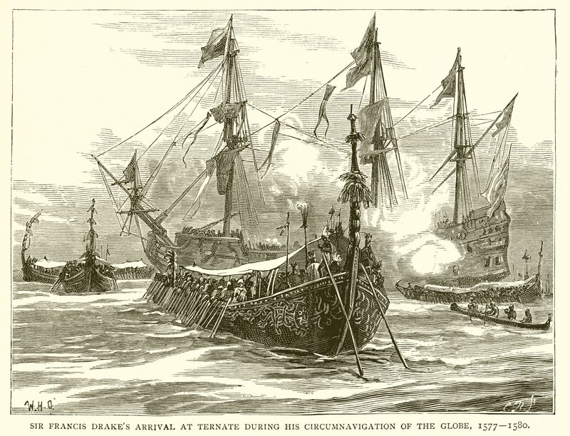 Aankomst van Sir Francis Drake in Ternate tijdens zijn reis rond de wereld, 1577-1580 door English School