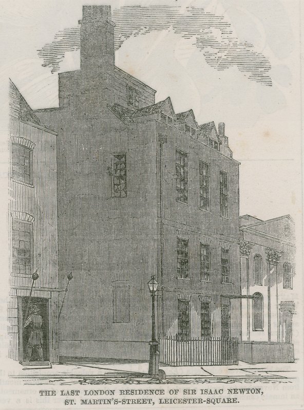 Het huis van Sir Isaac Newton, St Martins Street, Leicester Square, Londen door English School