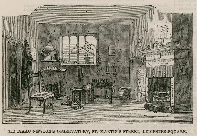 Het observatorium van Sir Isaac Newton, St Martins Street, Leicester Square, Londen door English School
