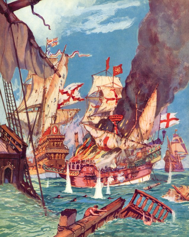 Sir Richard Grenville, Slag bij Flores (kleur litho) door English School