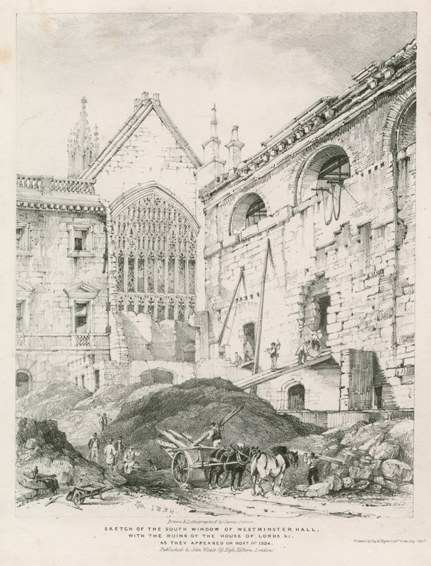 Schets van het zuidraam van Westminster Hall met de ruïnes van het House of Lords door English School
